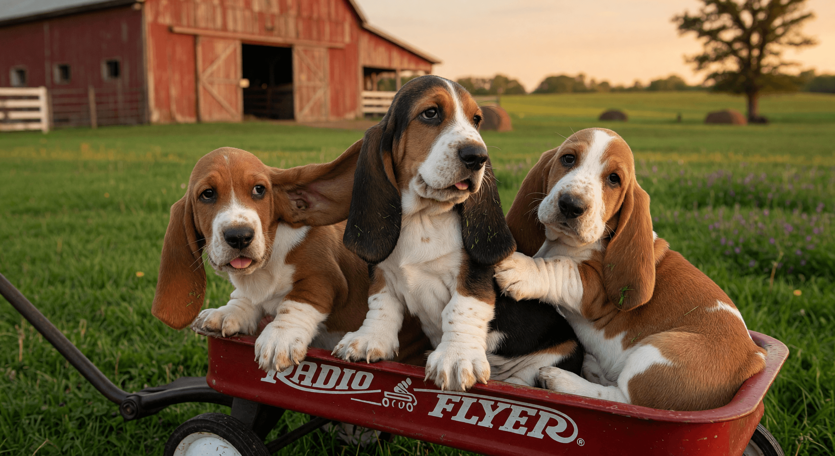 Basset Hound puppies sitting together in a red wagon on the farm